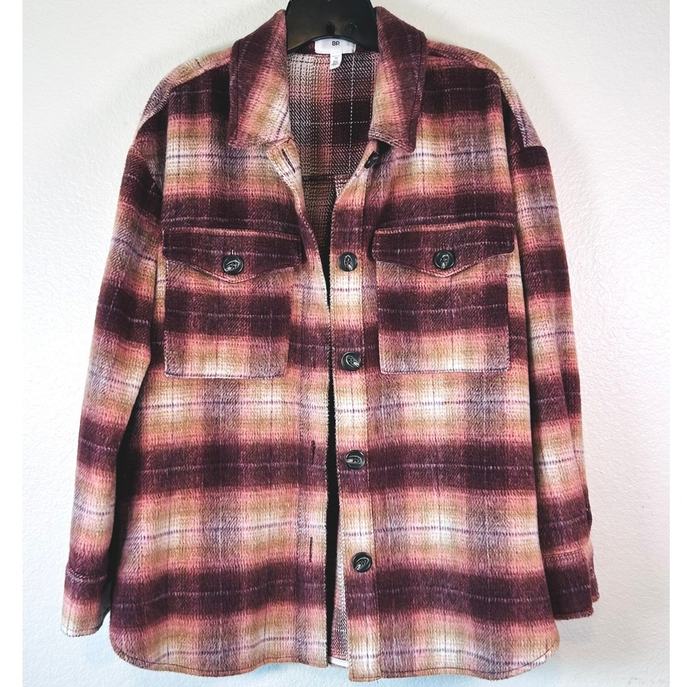 BP Plaid Shacket Gorpcore Streetwear Grunge Burgundy Pink Cream Wool Blend SZ M